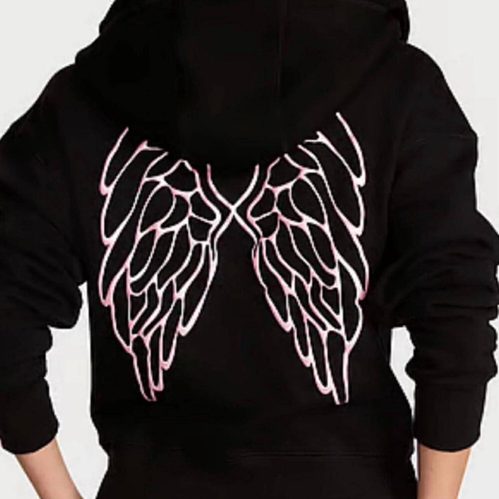 Victoria's Secret BLACK FULL ZIP ANGEL WINGS LOGO ON THE BACK IN PINK